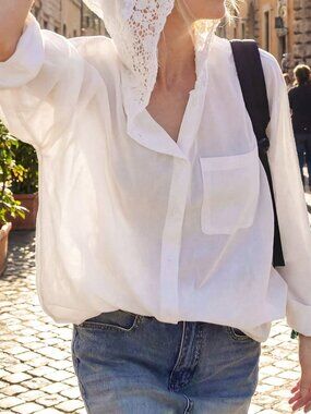 White Casual Women's French Hollow Crochet Blouse